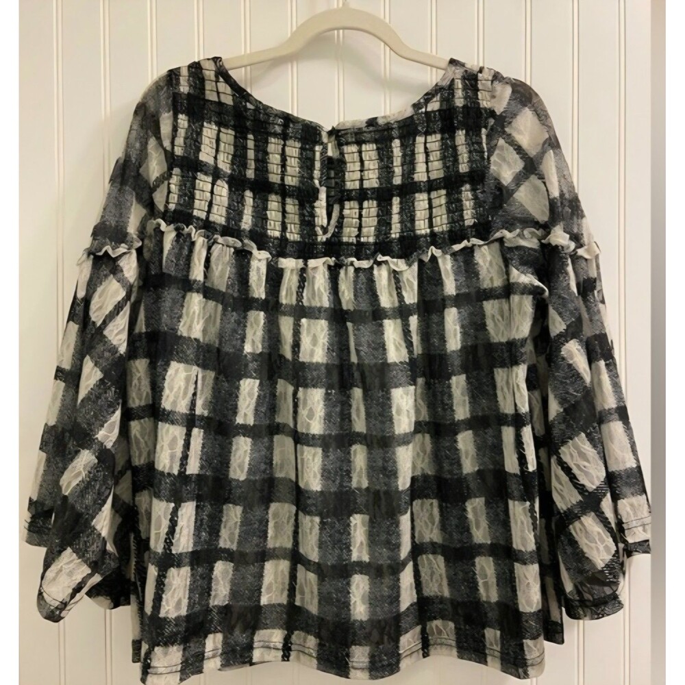 Anthropologie Akemi + Kin Patrizia Lace Plaid Blouse Flare Sleeves Size Medium - Picture 3 of 8